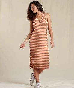 Toad&Co WOMENS W's Henley Midi Tank Dress- Rust Stripe