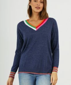 Zaket & Plover W's Stripe V Sweater - Denim WOMENS